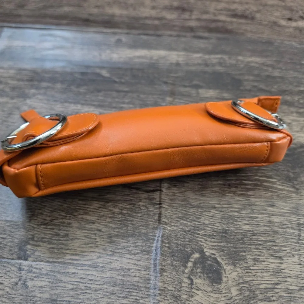 VINTAGE Nordstrom‎ Makeup Pouch Women Small Orange Faux Leather Silver Buckle